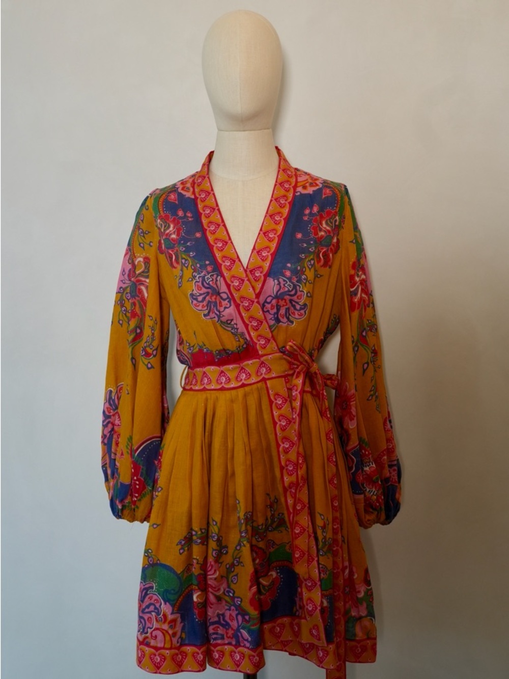 Zimmerman Mustard Floral Wrap Dress with Pink Trim
